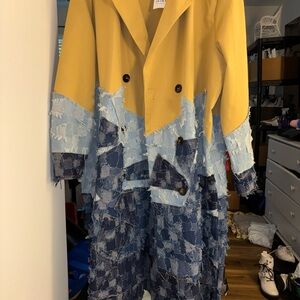 AKIRA Yellow and Patchwork Denim Double-Breasted Trench